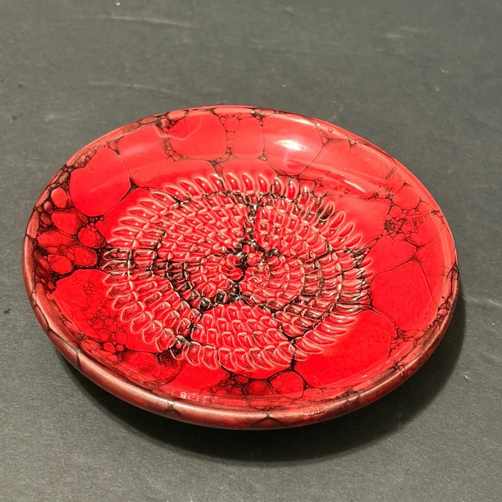 Red Artisan Ceramic Garlic Grater Plate Black Marble Bubble Glaze 4.75 Inch